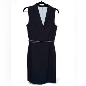 Calvin Klein black sleeveless dress with a shawl collar and a thin belt.